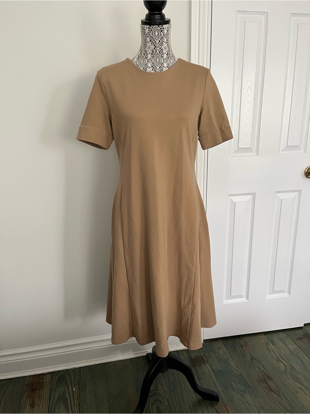 Hubert Gasser Elegant Tan Midi A-Line Dress size 48 EURO 16 US made in Italy
